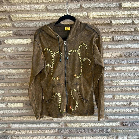 Karma Circle USA Embroidered Full Zip Hoodie Sweatshirt Made in Nepal Size M - Picture 1 of 8